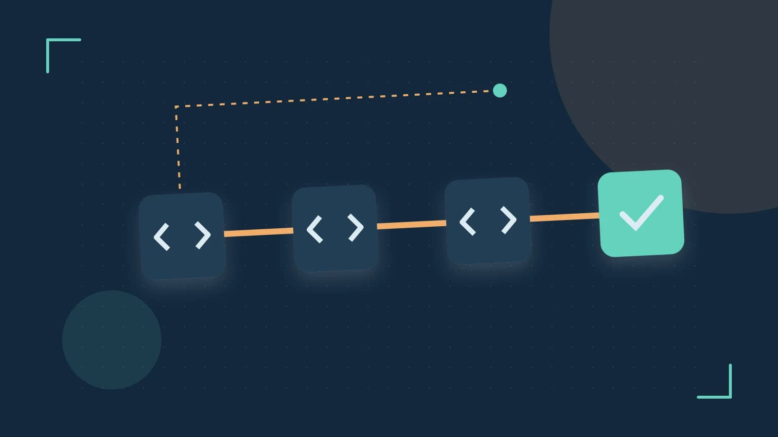 Editorial illustration of a branching build pipeline, staged transformations and a completed check