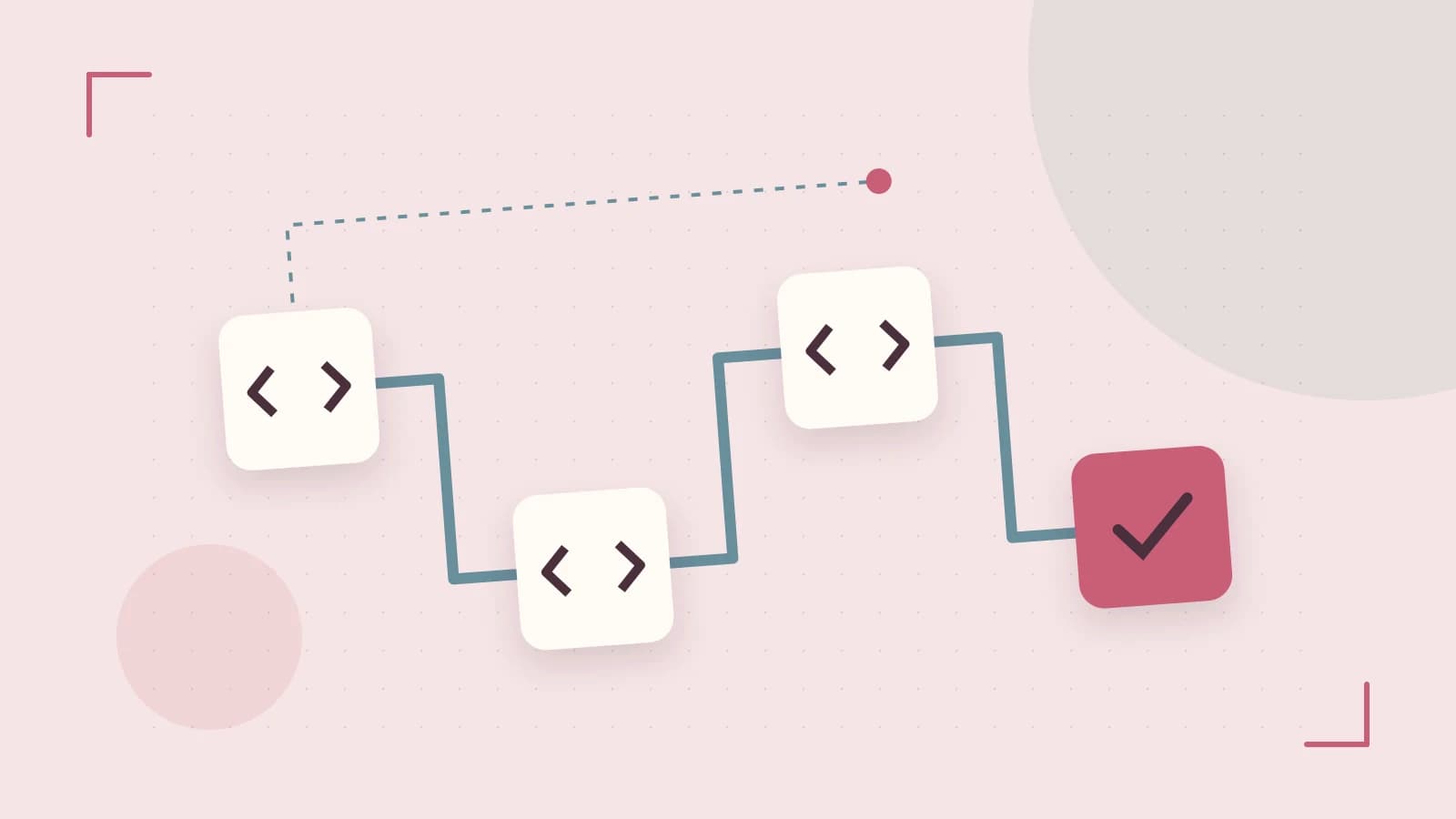 Editorial illustration of a branching build pipeline, staged transformations and a completed check