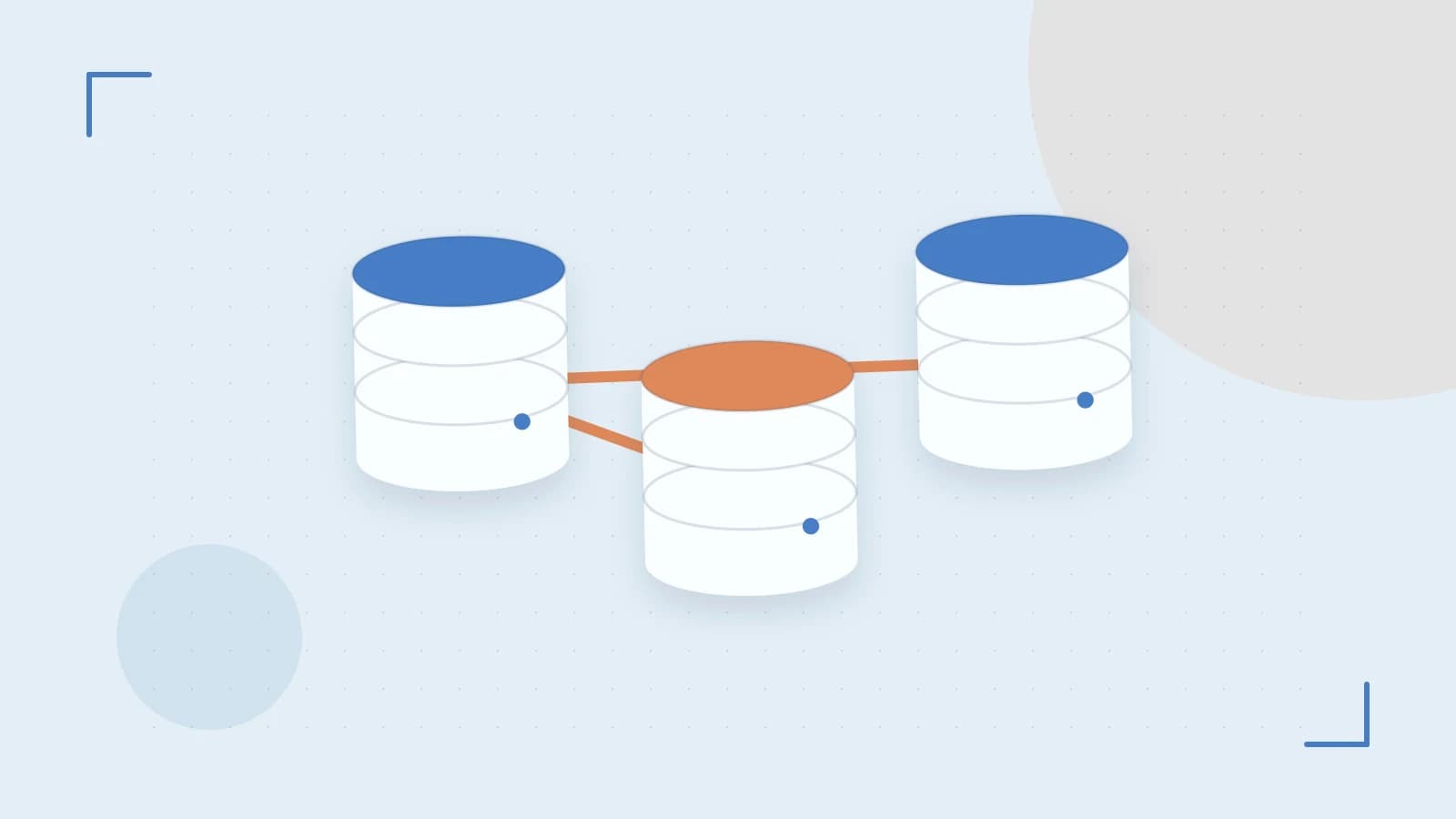 Editorial illustration of structured records, database cylinders and relationships between tables