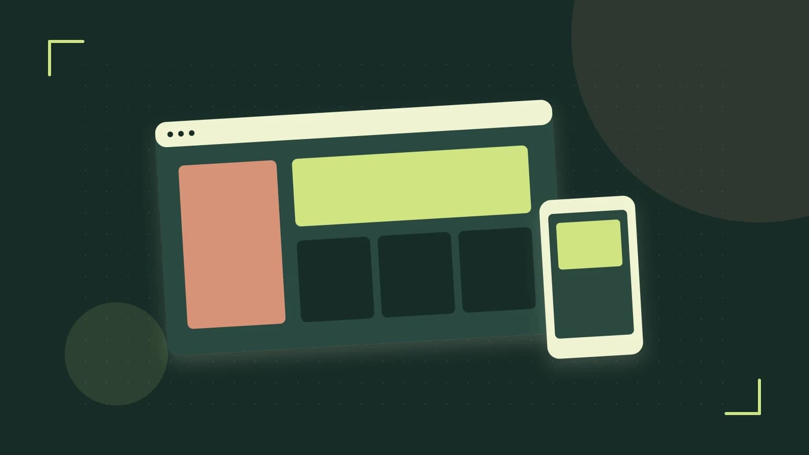 Editorial illustration of responsive browser layouts, overlapping design components and a color system