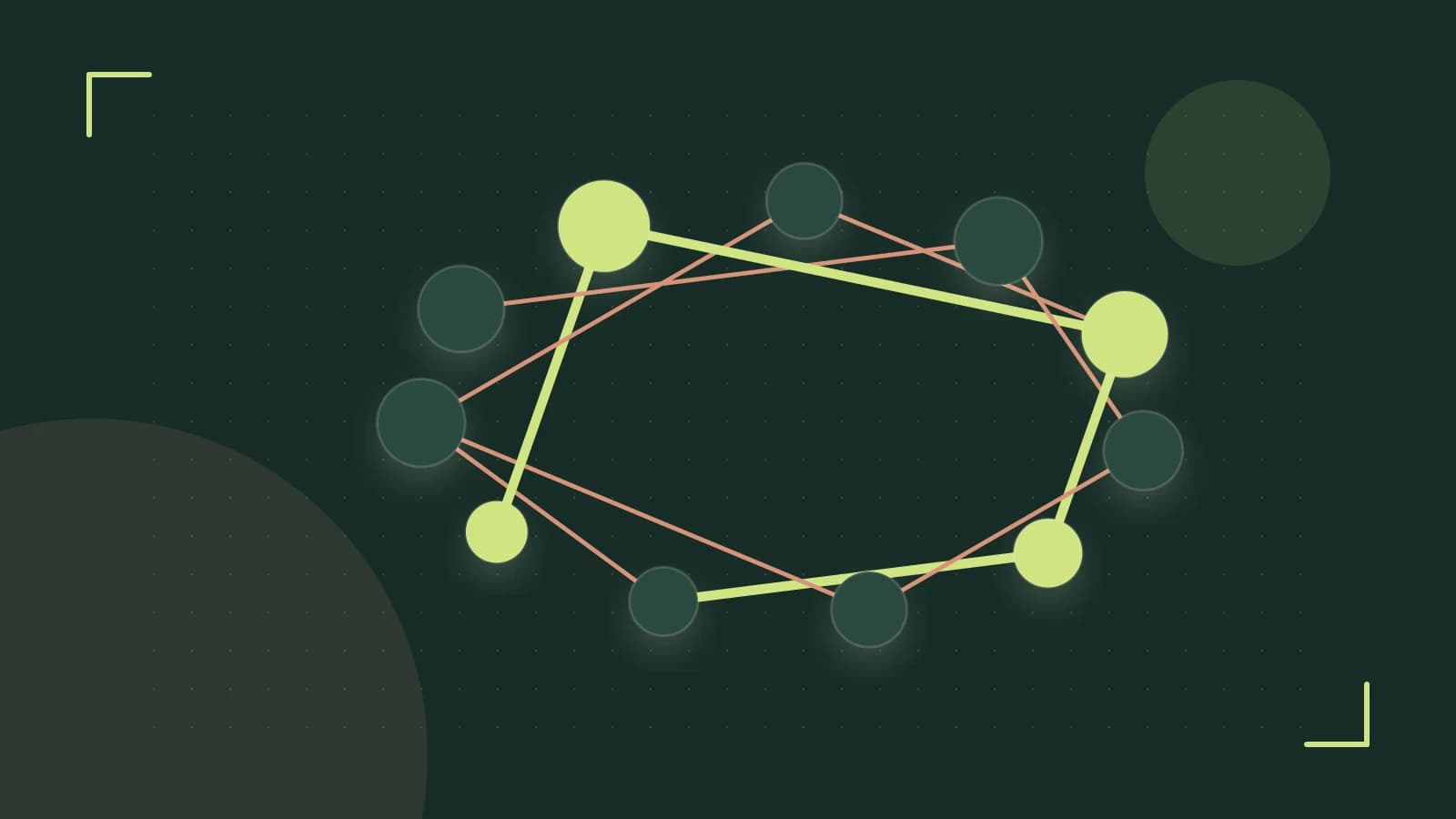 Editorial illustration of an algorithmic node graph with branching paths and a highlighted result