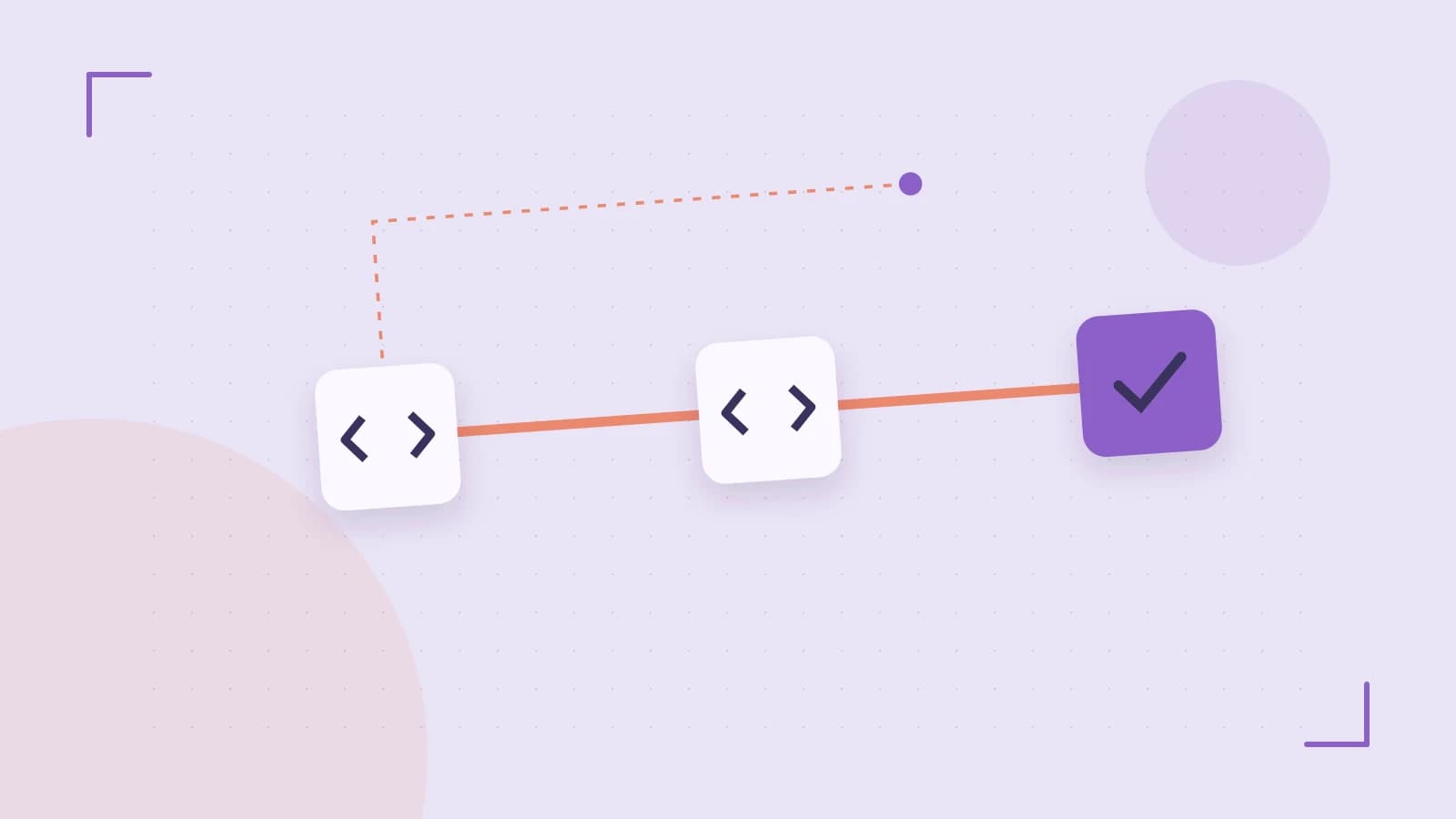 Editorial illustration of a branching build pipeline, staged transformations and a completed check