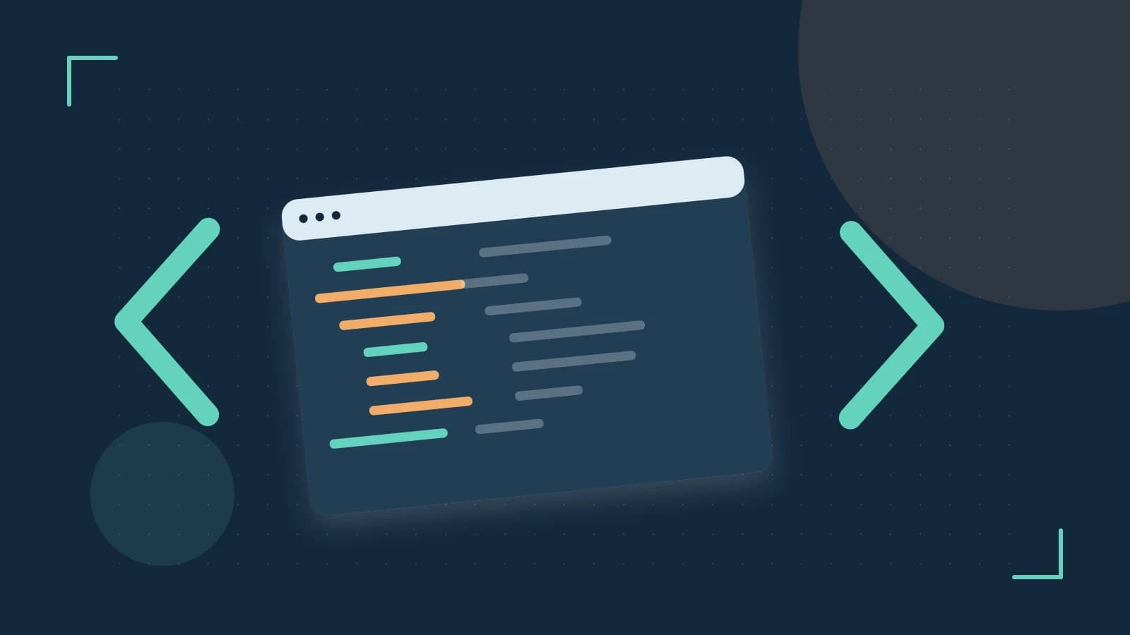 Editorial illustration of an abstract code editor, syntax blocks and oversized programming brackets