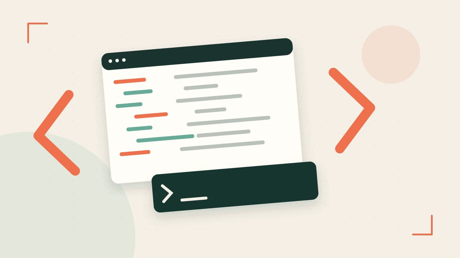 Editorial illustration of an abstract code editor, syntax blocks and oversized programming brackets