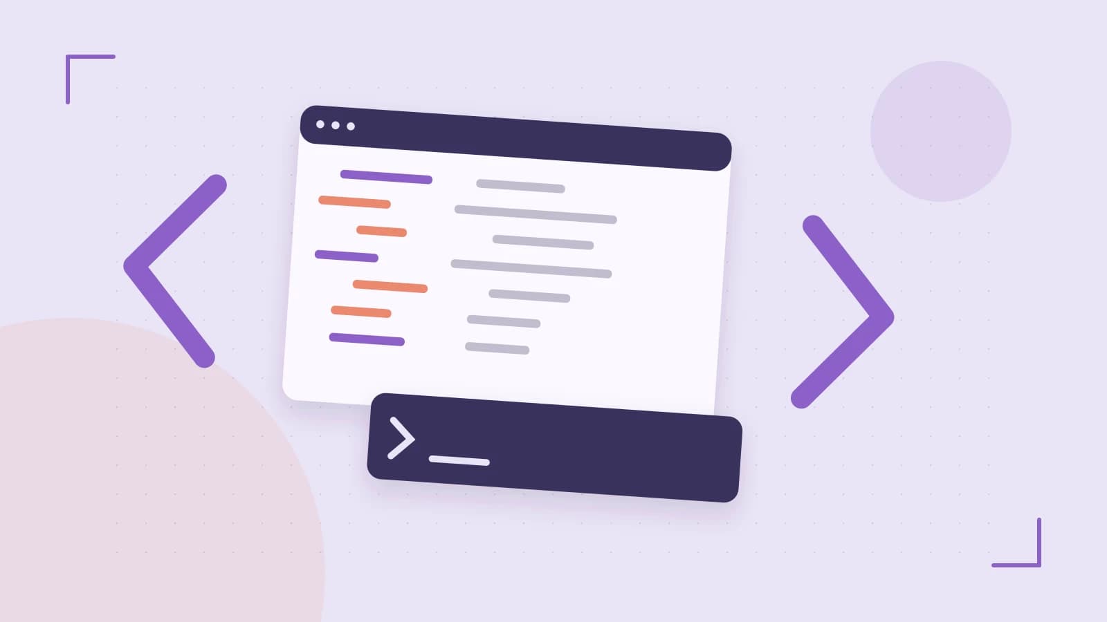 Editorial illustration of an abstract code editor, syntax blocks and oversized programming brackets