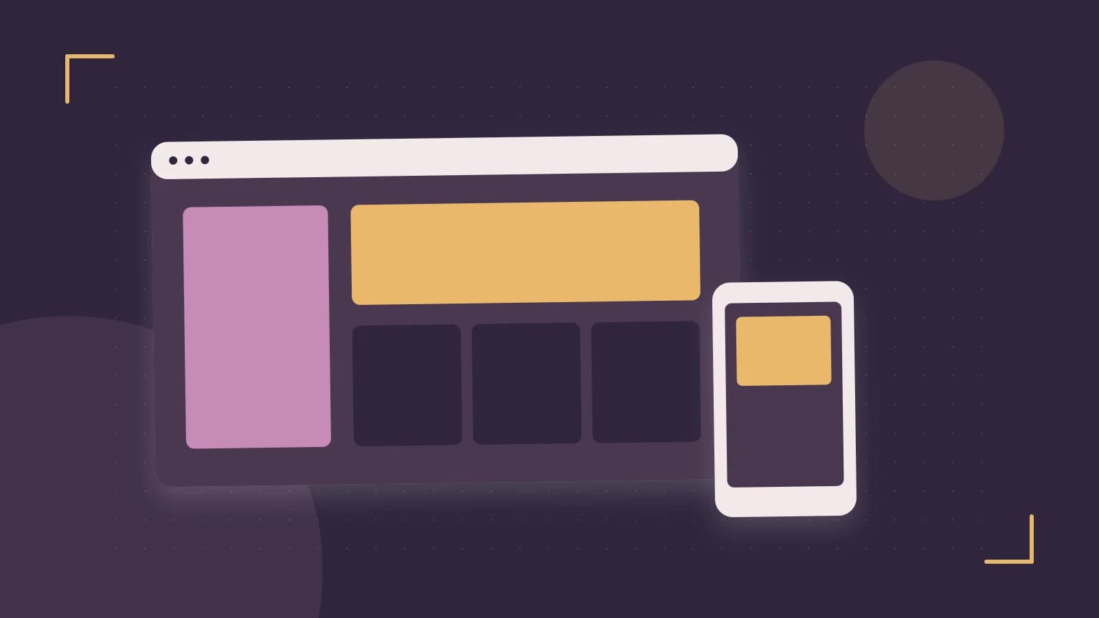 Editorial illustration of responsive browser layouts, overlapping design components and a color system