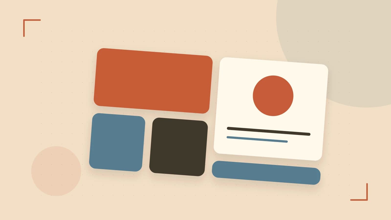 Editorial illustration of responsive browser layouts, overlapping design components and a color system