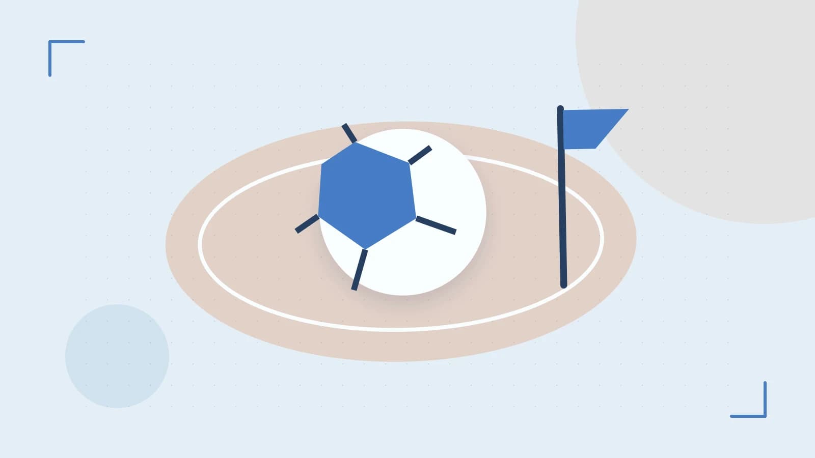 Editorial illustration of a stylized sports ball, stadium geometry and dynamic arcs
