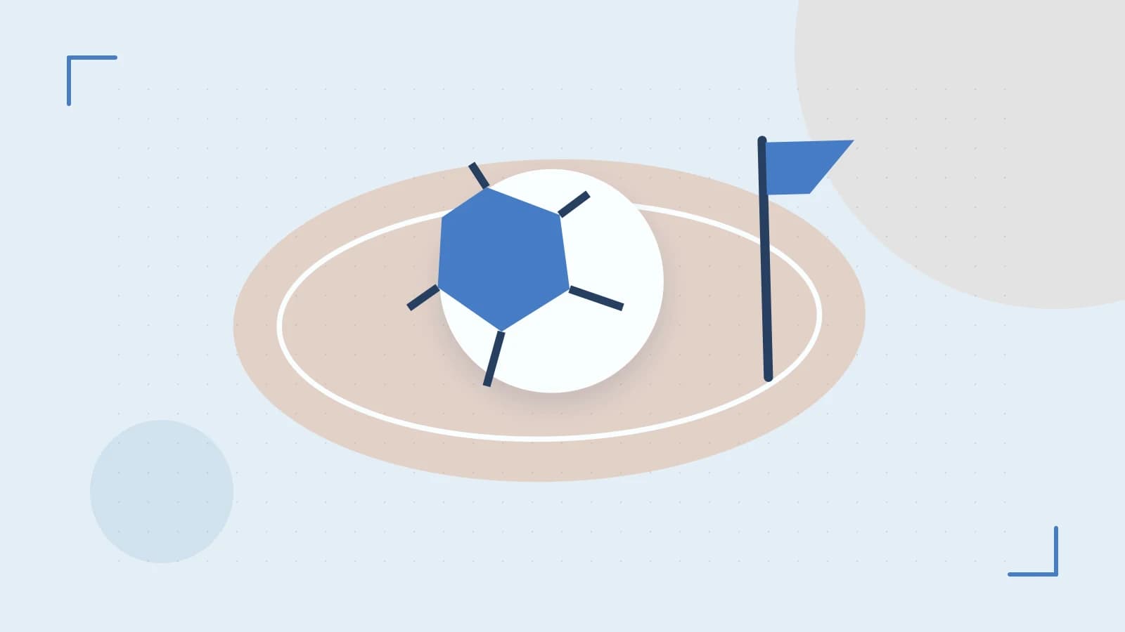 Editorial illustration of a stylized sports ball, stadium geometry and dynamic arcs