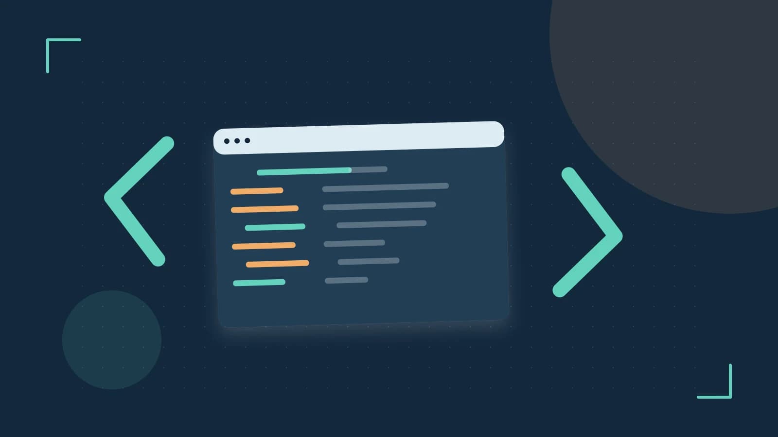 Editorial illustration of an abstract code editor, syntax blocks and oversized programming brackets
