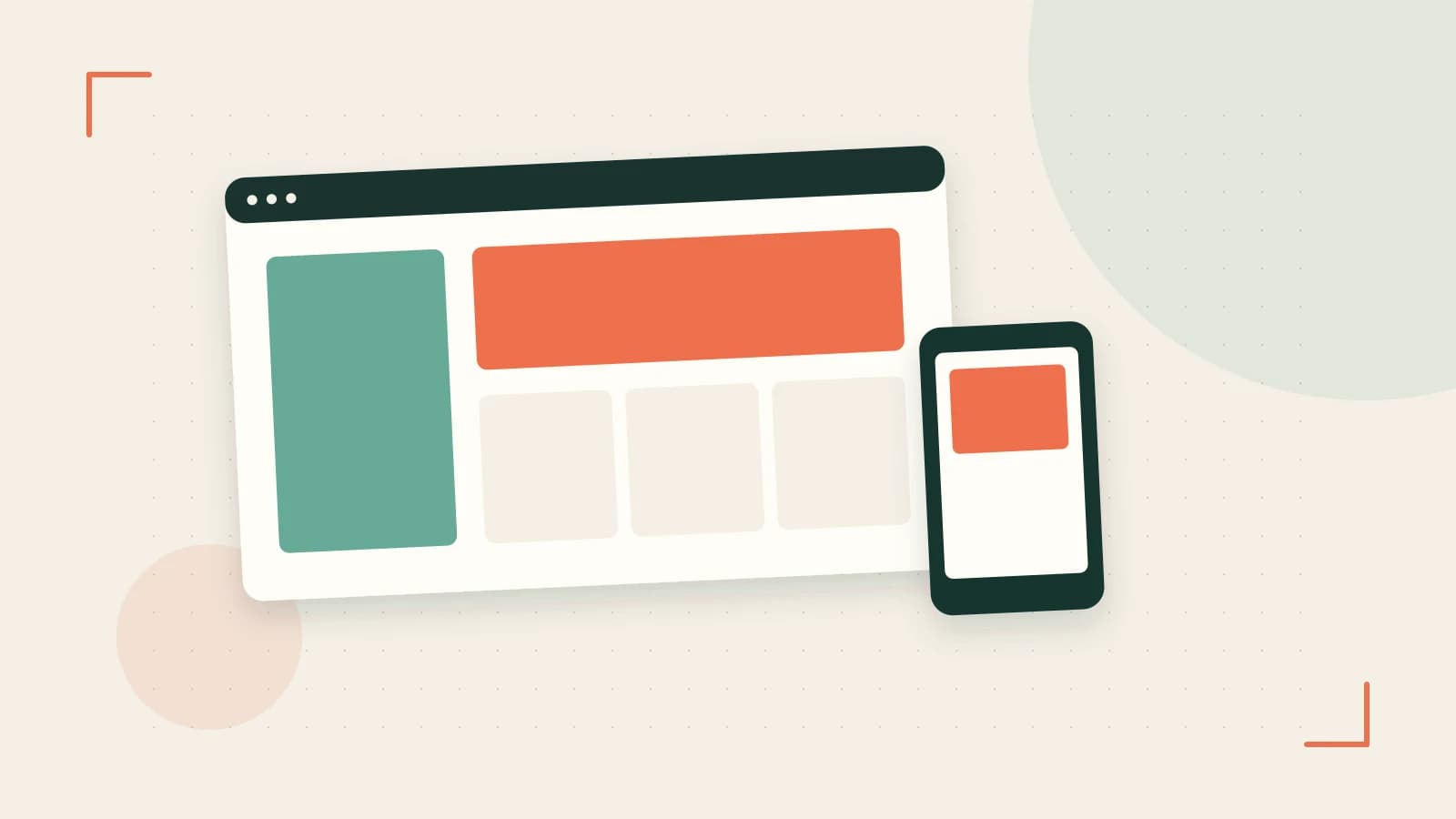 Editorial illustration of responsive browser layouts, overlapping design components and a color system
