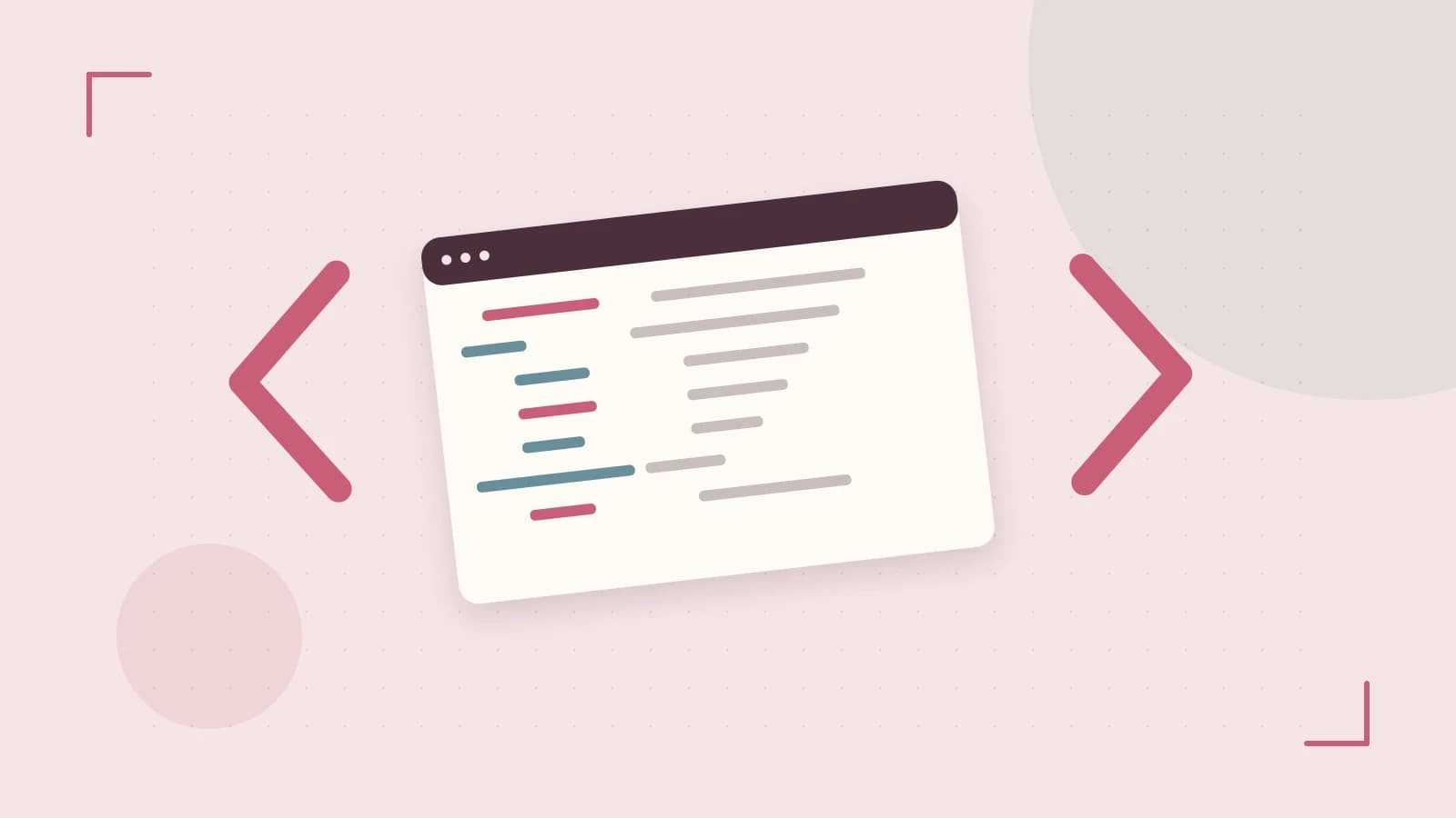 Editorial illustration of an abstract code editor, syntax blocks and oversized programming brackets