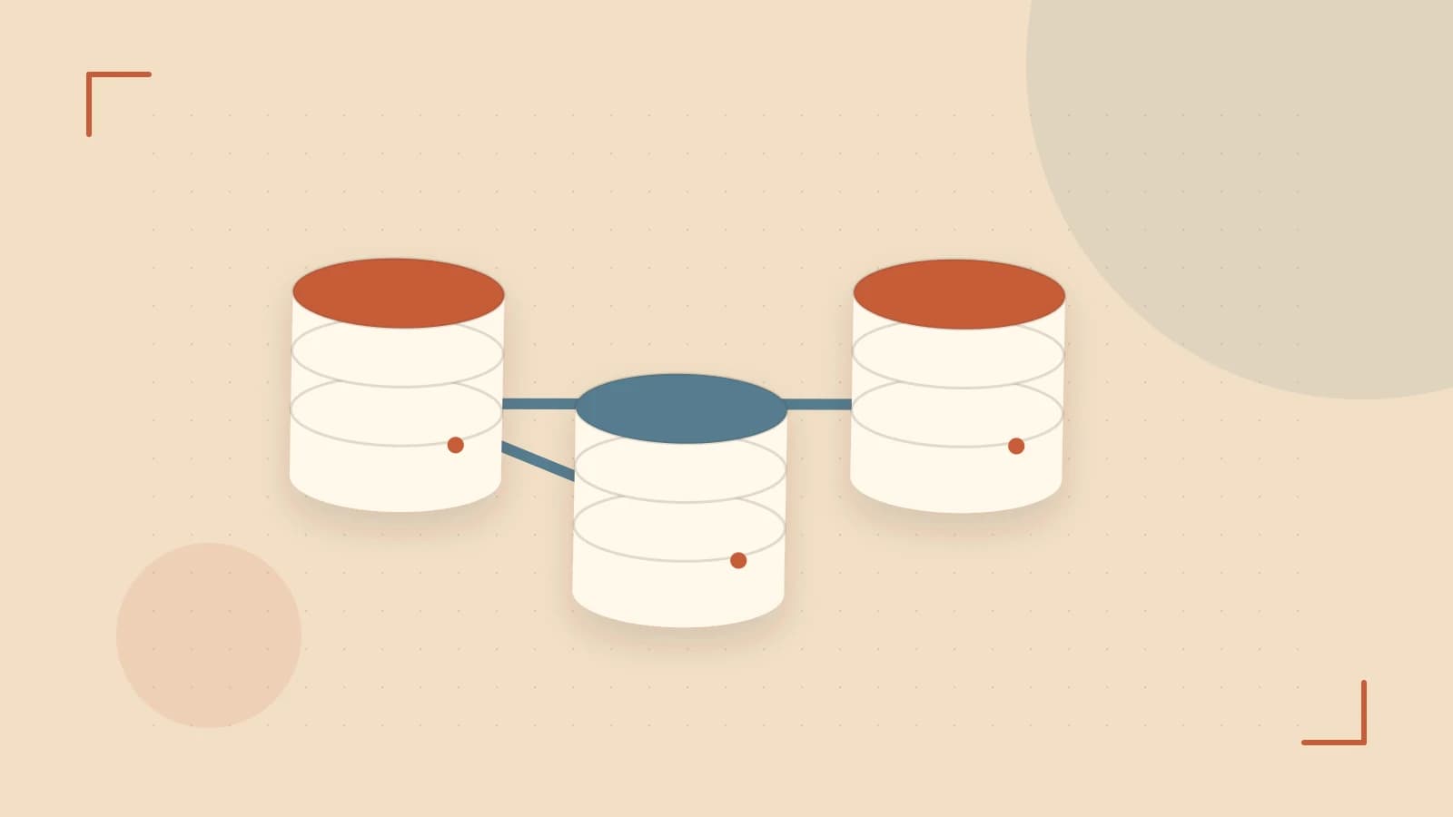 Editorial illustration of structured records, database cylinders and relationships between tables