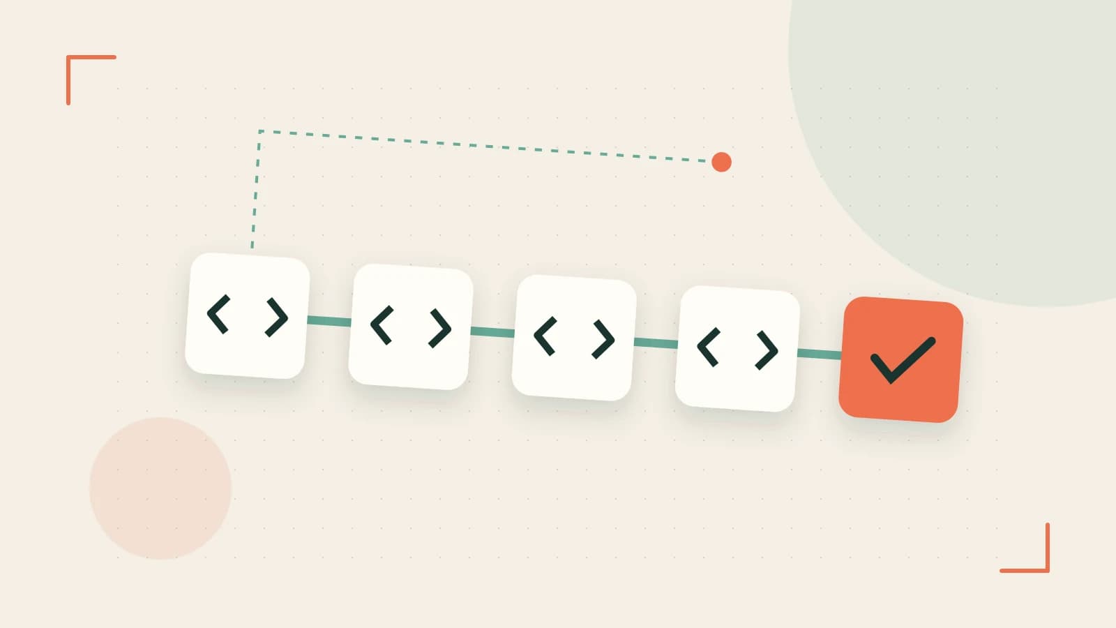 Editorial illustration of a branching build pipeline, staged transformations and a completed check