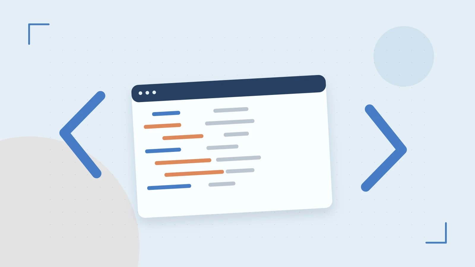 Editorial illustration of an abstract code editor, syntax blocks and oversized programming brackets