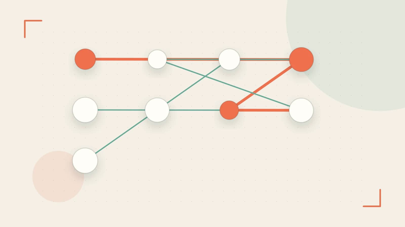 Editorial illustration of an algorithmic node graph with branching paths and a highlighted result