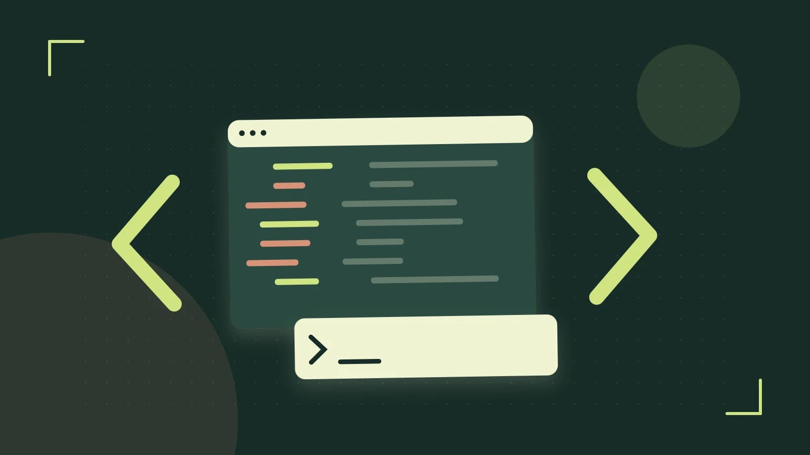 Editorial illustration of an abstract code editor, syntax blocks and oversized programming brackets