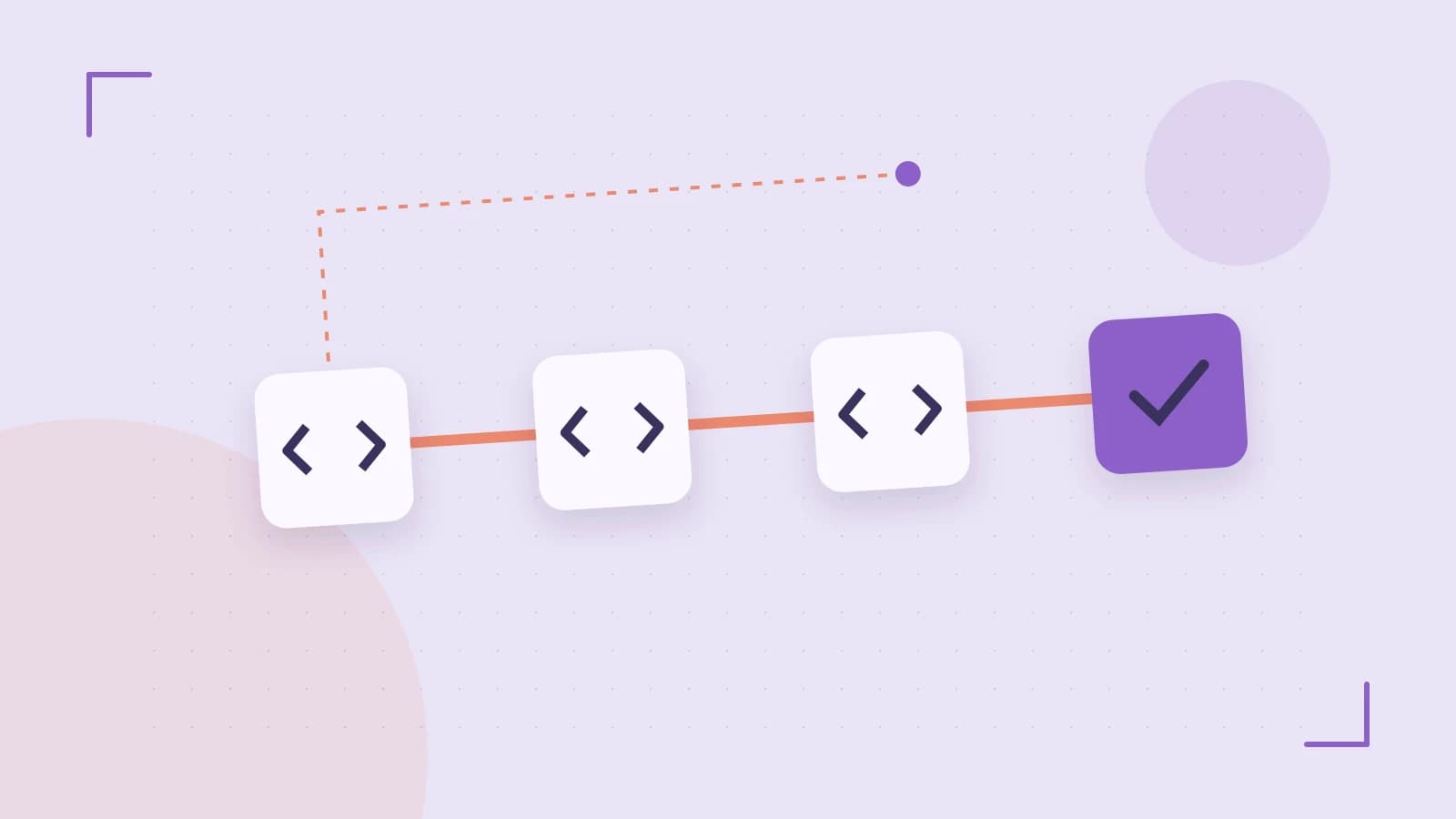 Editorial illustration of a branching build pipeline, staged transformations and a completed check