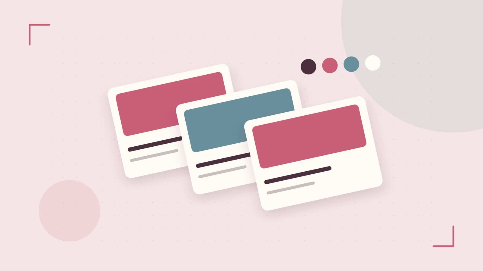 Editorial illustration of responsive browser layouts, overlapping design components and a color system