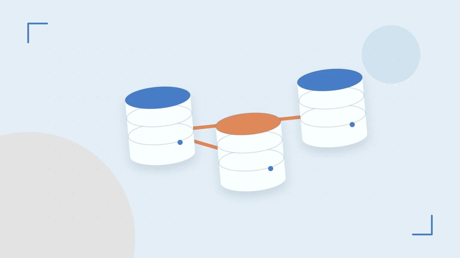 Editorial illustration of structured records, database cylinders and relationships between tables