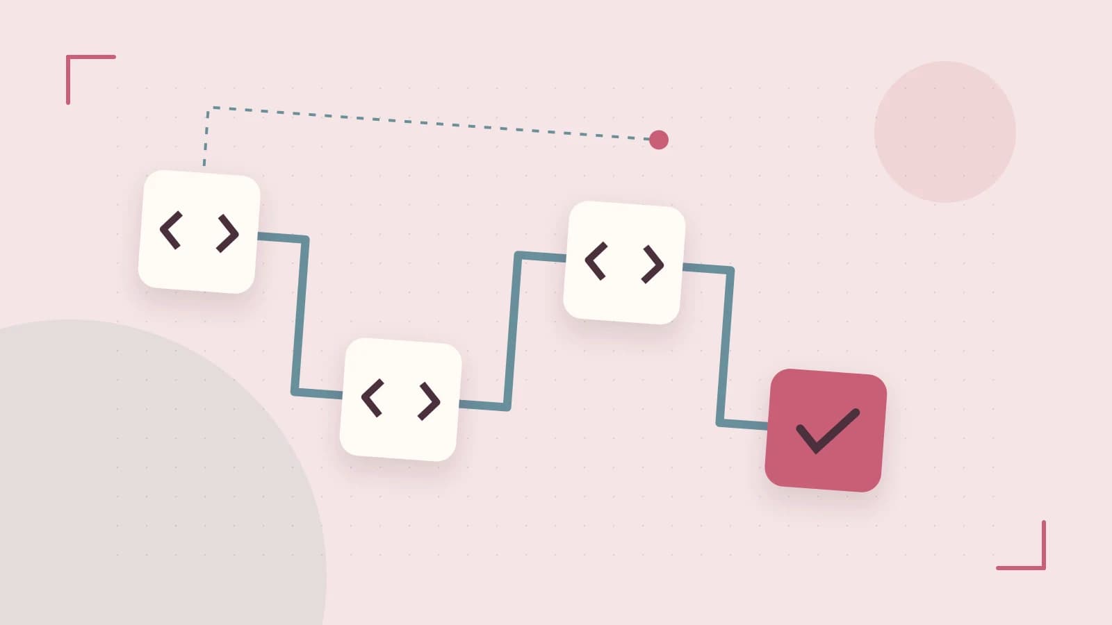 Editorial illustration of a branching build pipeline, staged transformations and a completed check