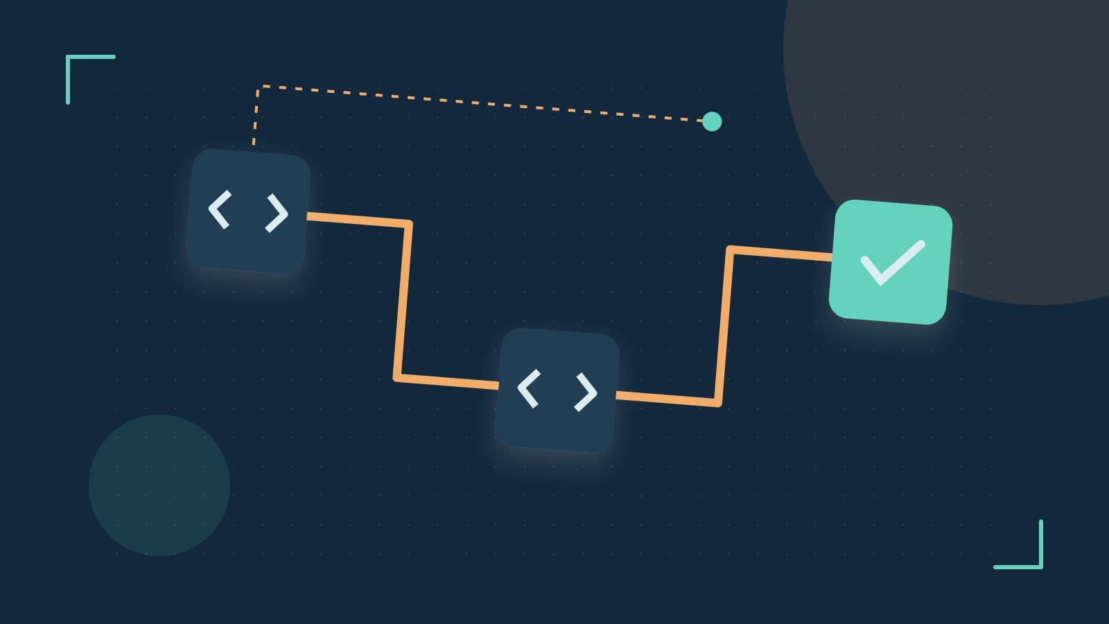 Editorial illustration of a branching build pipeline, staged transformations and a completed check