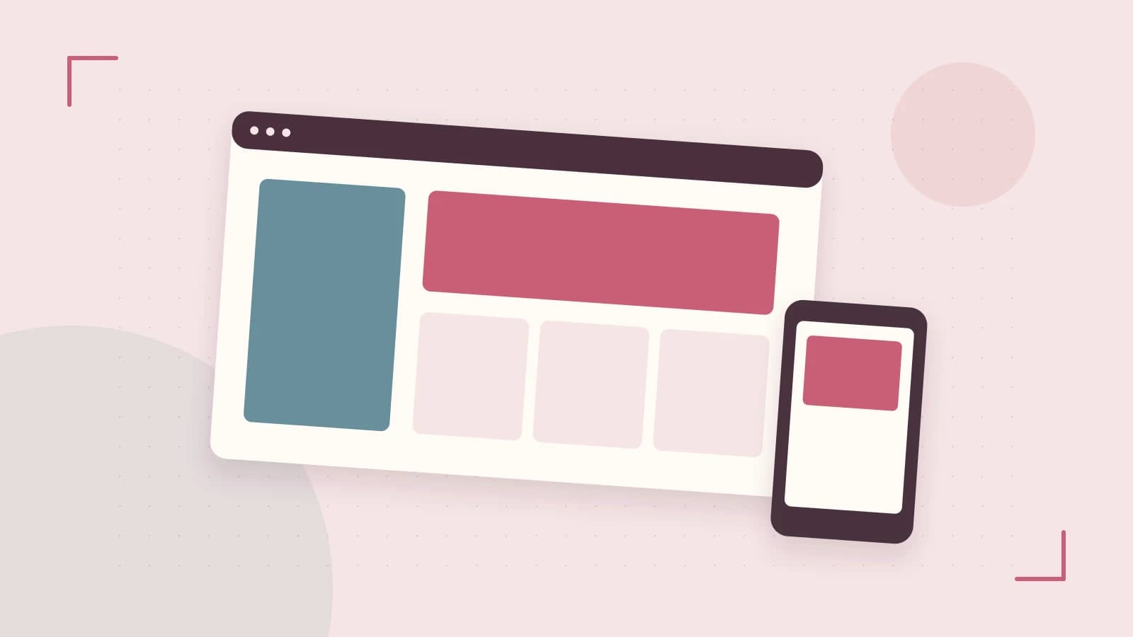 Editorial illustration of responsive browser layouts, overlapping design components and a color system
