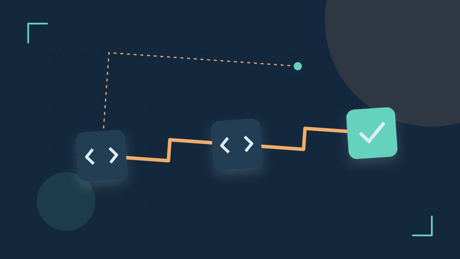 Editorial illustration of a branching build pipeline, staged transformations and a completed check