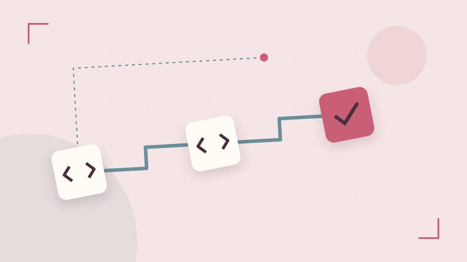 Editorial illustration of a branching build pipeline, staged transformations and a completed check