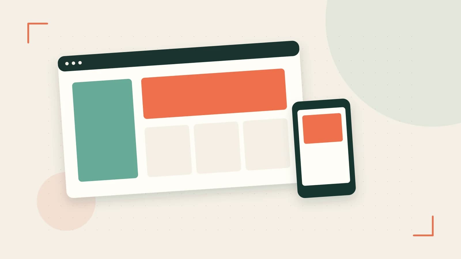 Editorial illustration of responsive browser layouts, overlapping design components and a color system