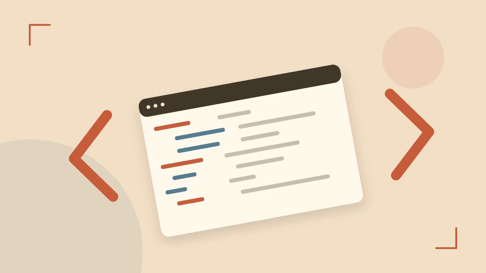 Editorial illustration of an abstract code editor, syntax blocks and oversized programming brackets