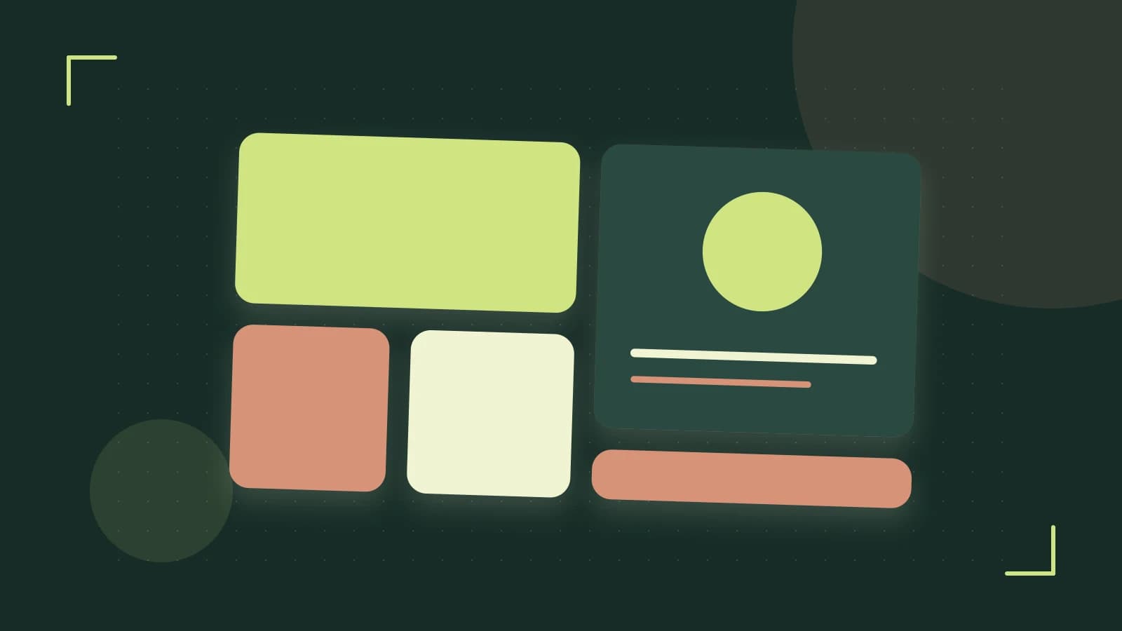 Editorial illustration of responsive browser layouts, overlapping design components and a color system