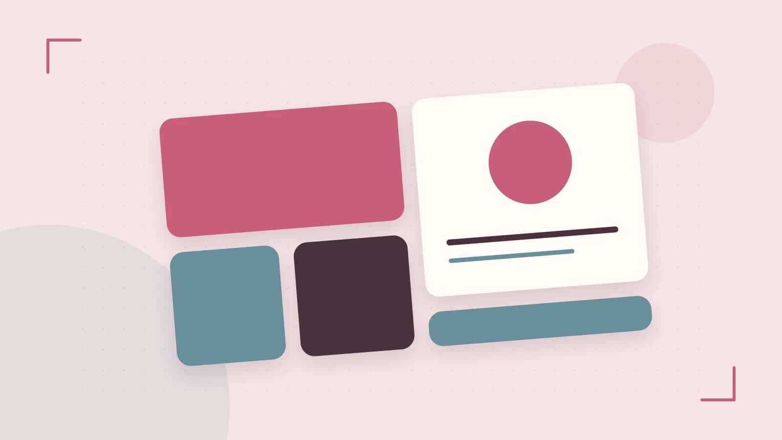 Editorial illustration of responsive browser layouts, overlapping design components and a color system