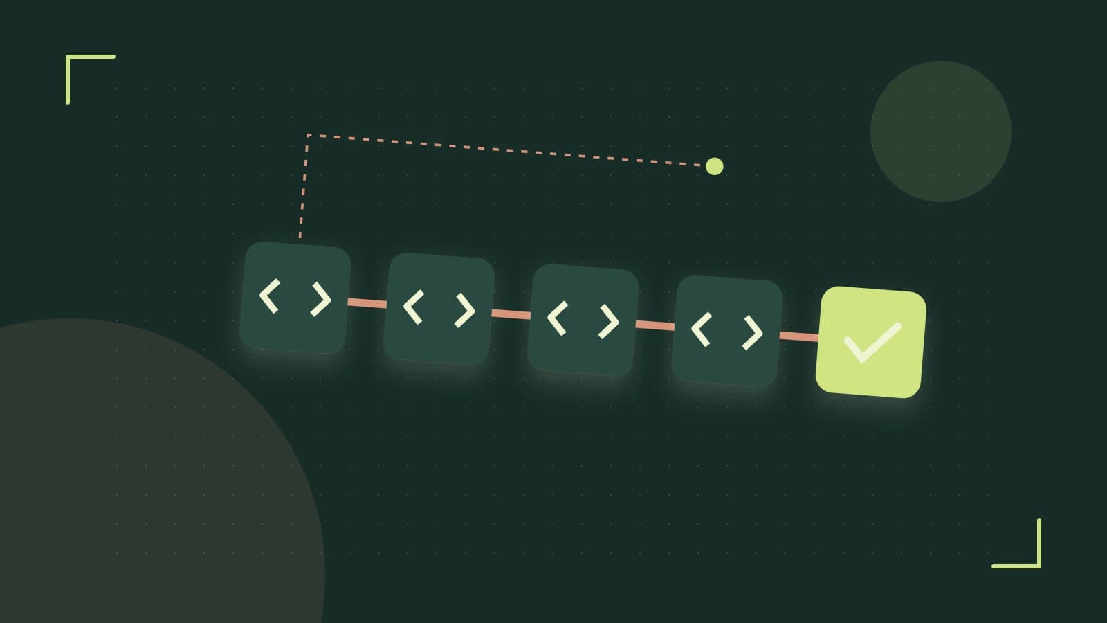 Editorial illustration of a branching build pipeline, staged transformations and a completed check