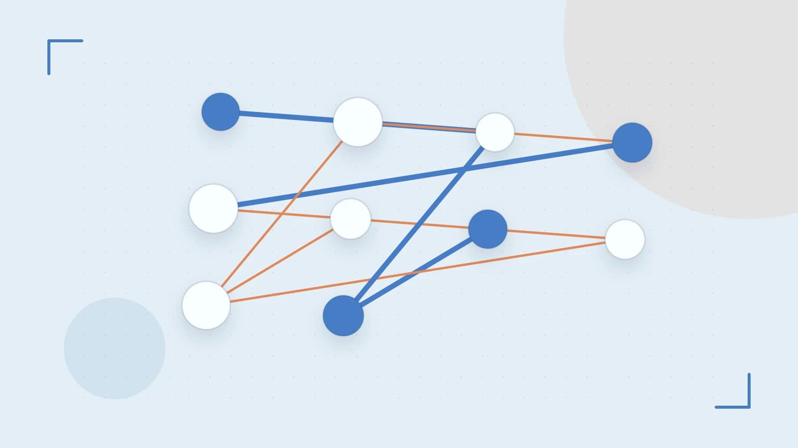 Editorial illustration of an algorithmic node graph with branching paths and a highlighted result