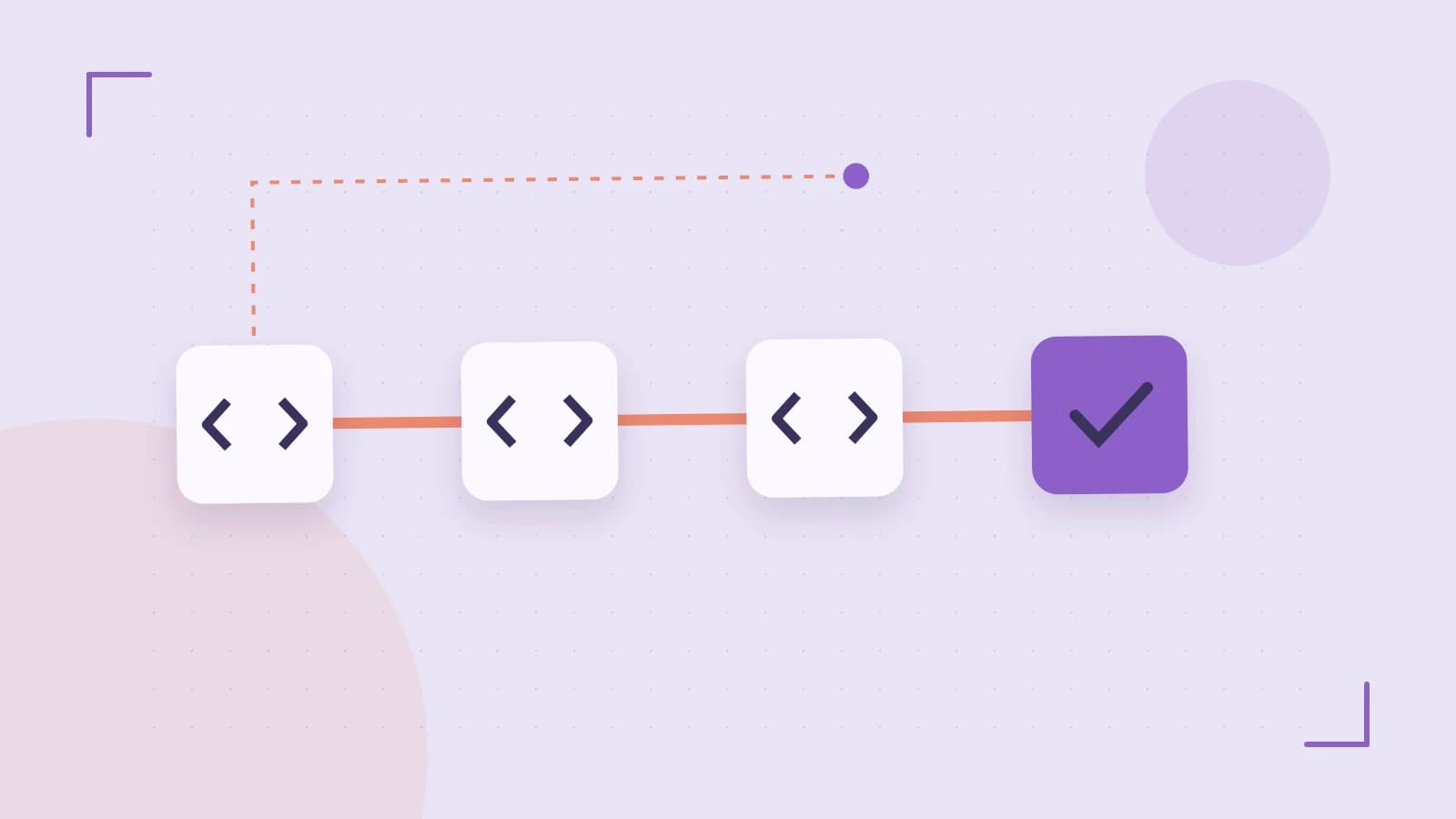 Editorial illustration of a branching build pipeline, staged transformations and a completed check