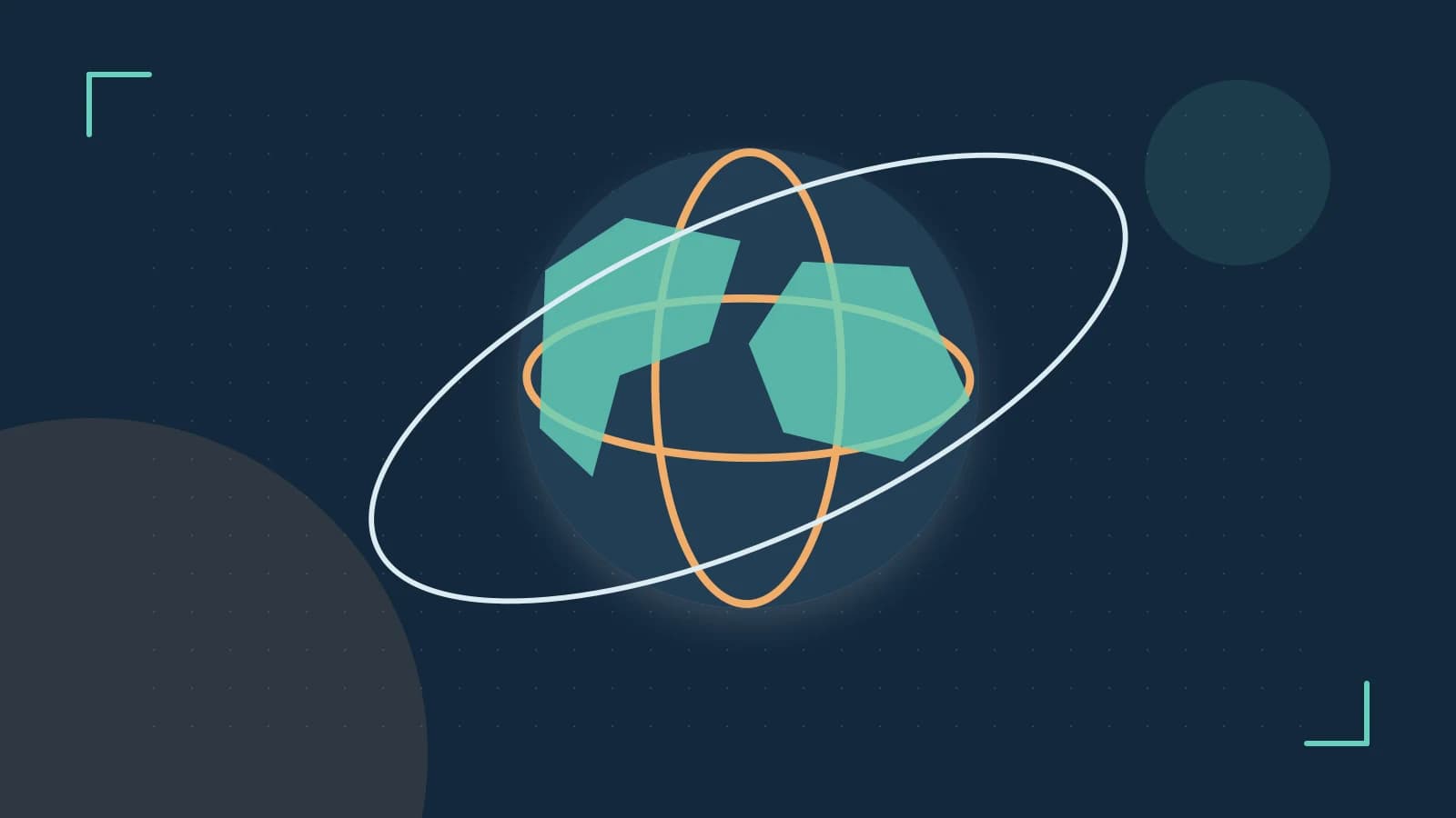 Editorial illustration of an editorial globe with meridians and layered geographic shapes