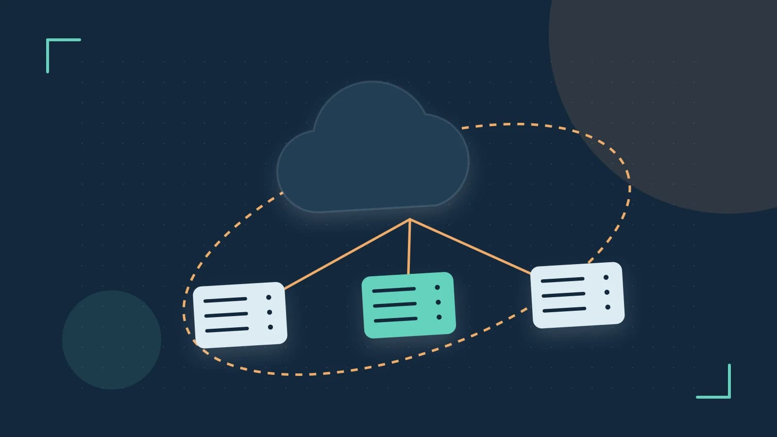 Editorial illustration of cloud infrastructure, connected server racks and an orbital service map