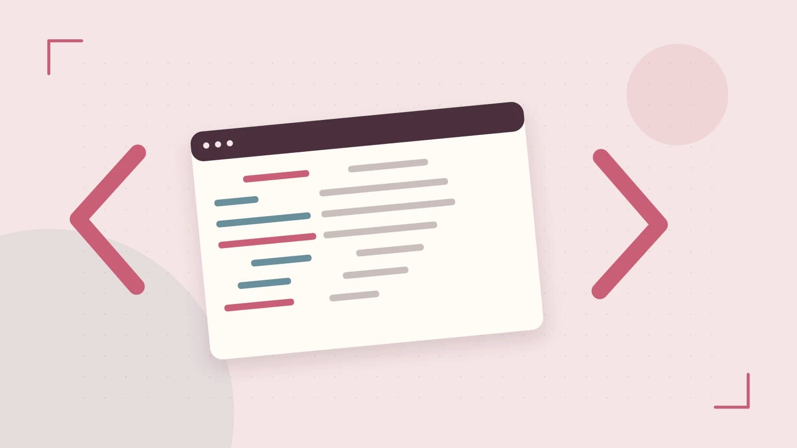 Editorial illustration of an abstract code editor, syntax blocks and oversized programming brackets