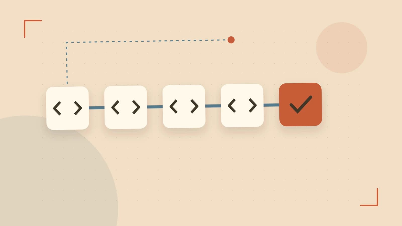 Editorial illustration of a branching build pipeline, staged transformations and a completed check