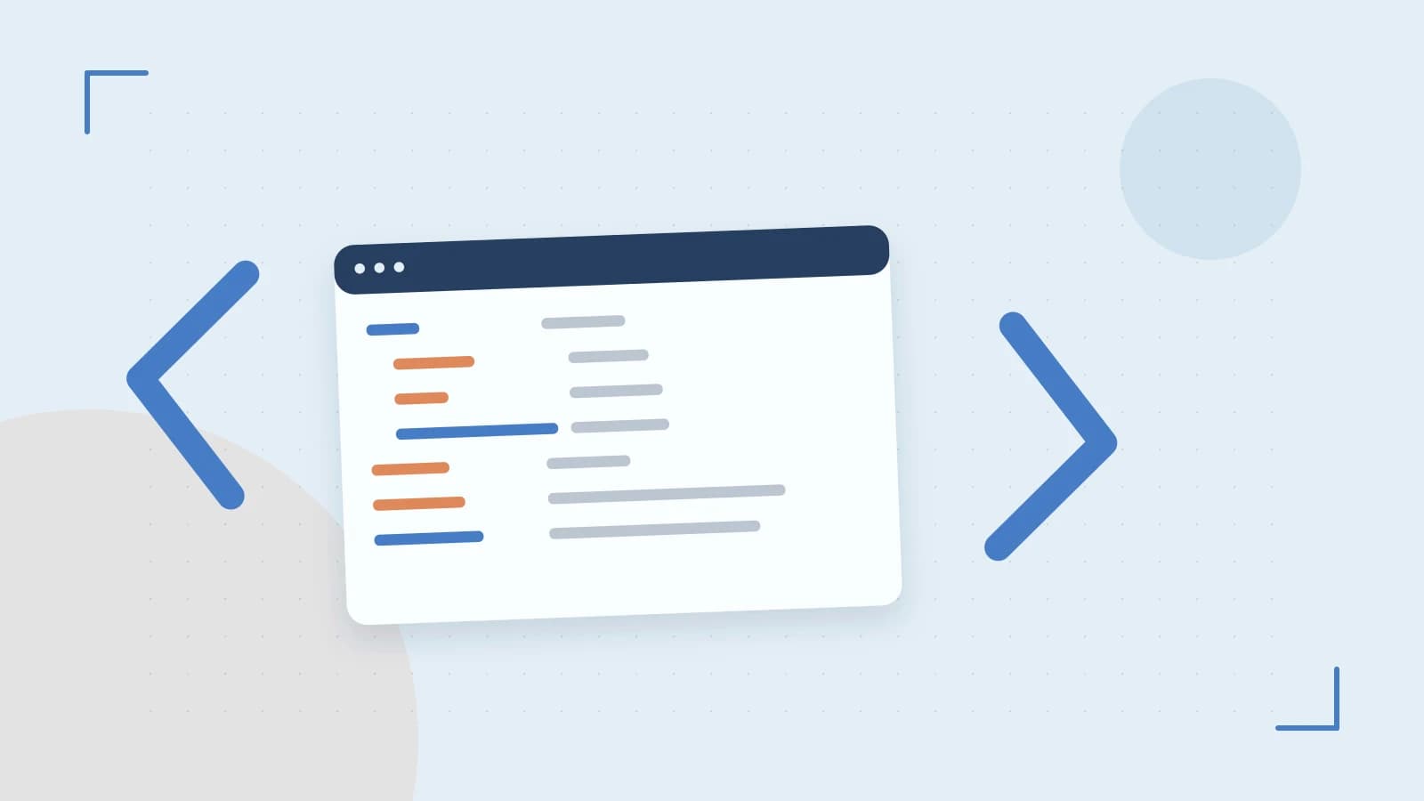 Editorial illustration of an abstract code editor, syntax blocks and oversized programming brackets