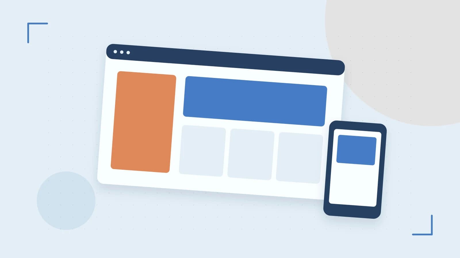 Editorial illustration of responsive browser layouts, overlapping design components and a color system