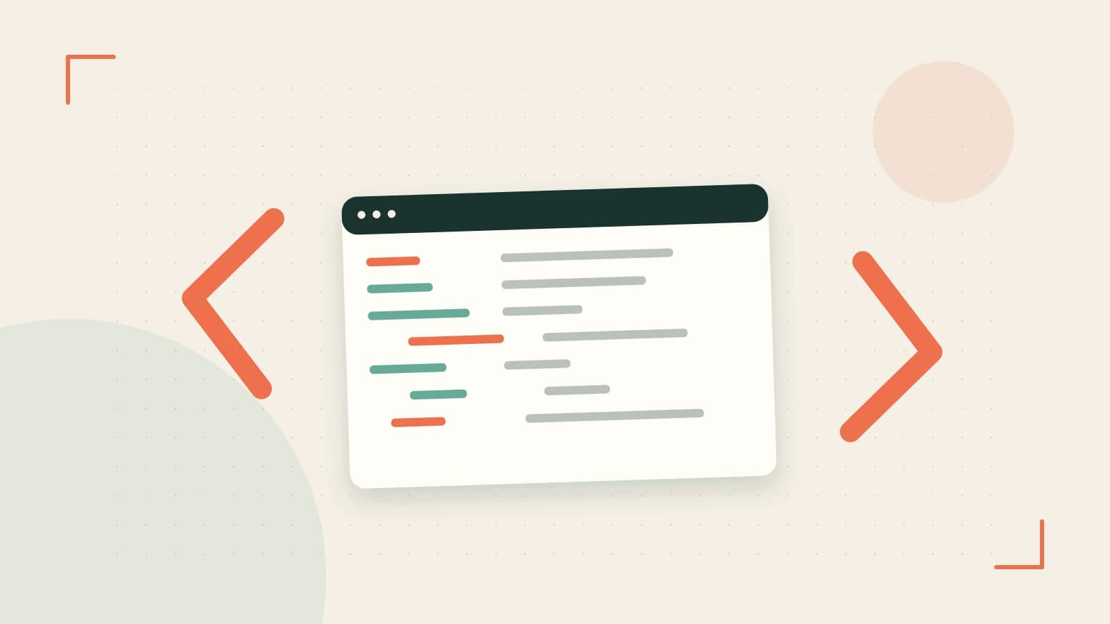 Editorial illustration of an abstract code editor, syntax blocks and oversized programming brackets