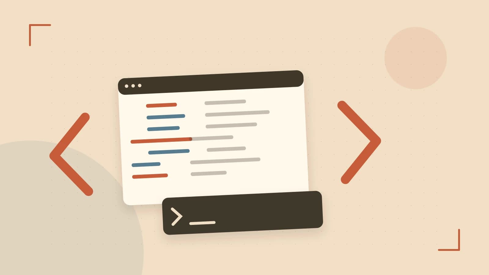 Editorial illustration of an abstract code editor, syntax blocks and oversized programming brackets