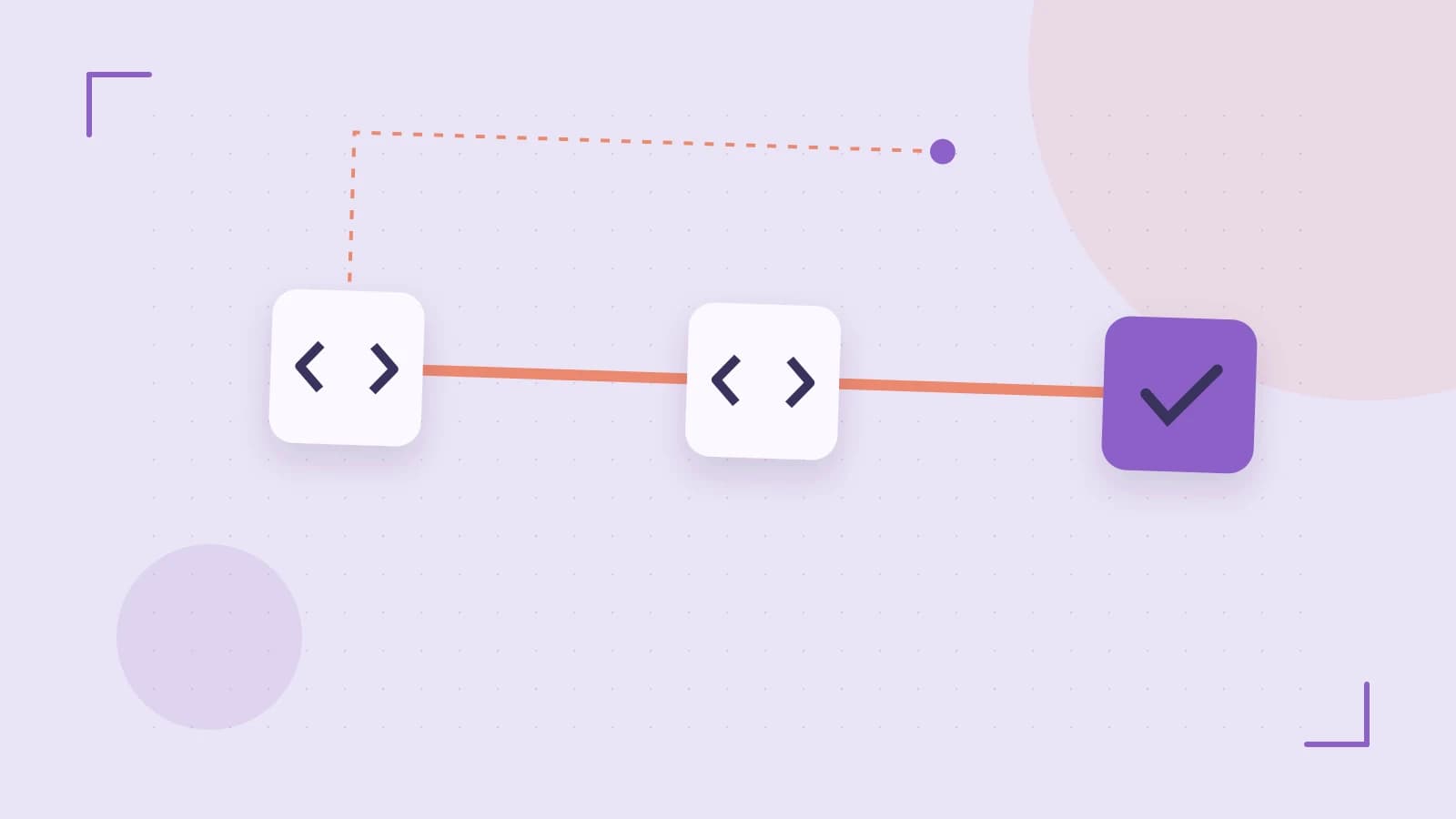 Editorial illustration of a branching build pipeline, staged transformations and a completed check