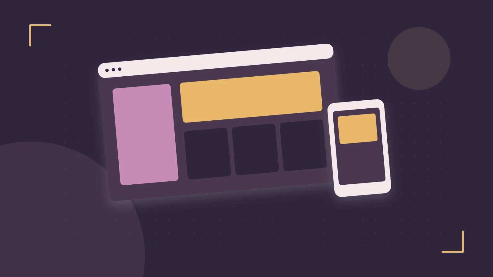 Editorial illustration of responsive browser layouts, overlapping design components and a color system