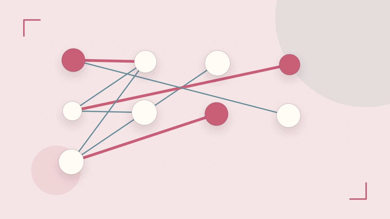 Editorial illustration of an algorithmic node graph with branching paths and a highlighted result