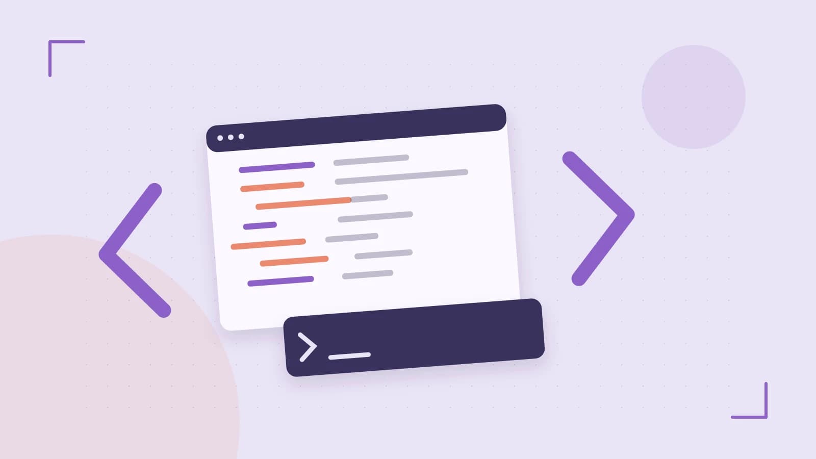 Editorial illustration of an abstract code editor, syntax blocks and oversized programming brackets