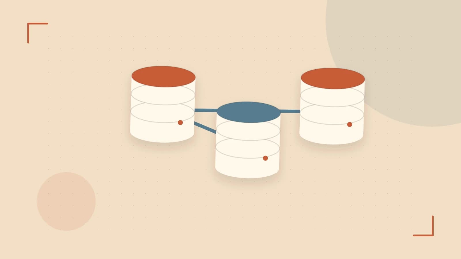 Editorial illustration of structured records, database cylinders and relationships between tables