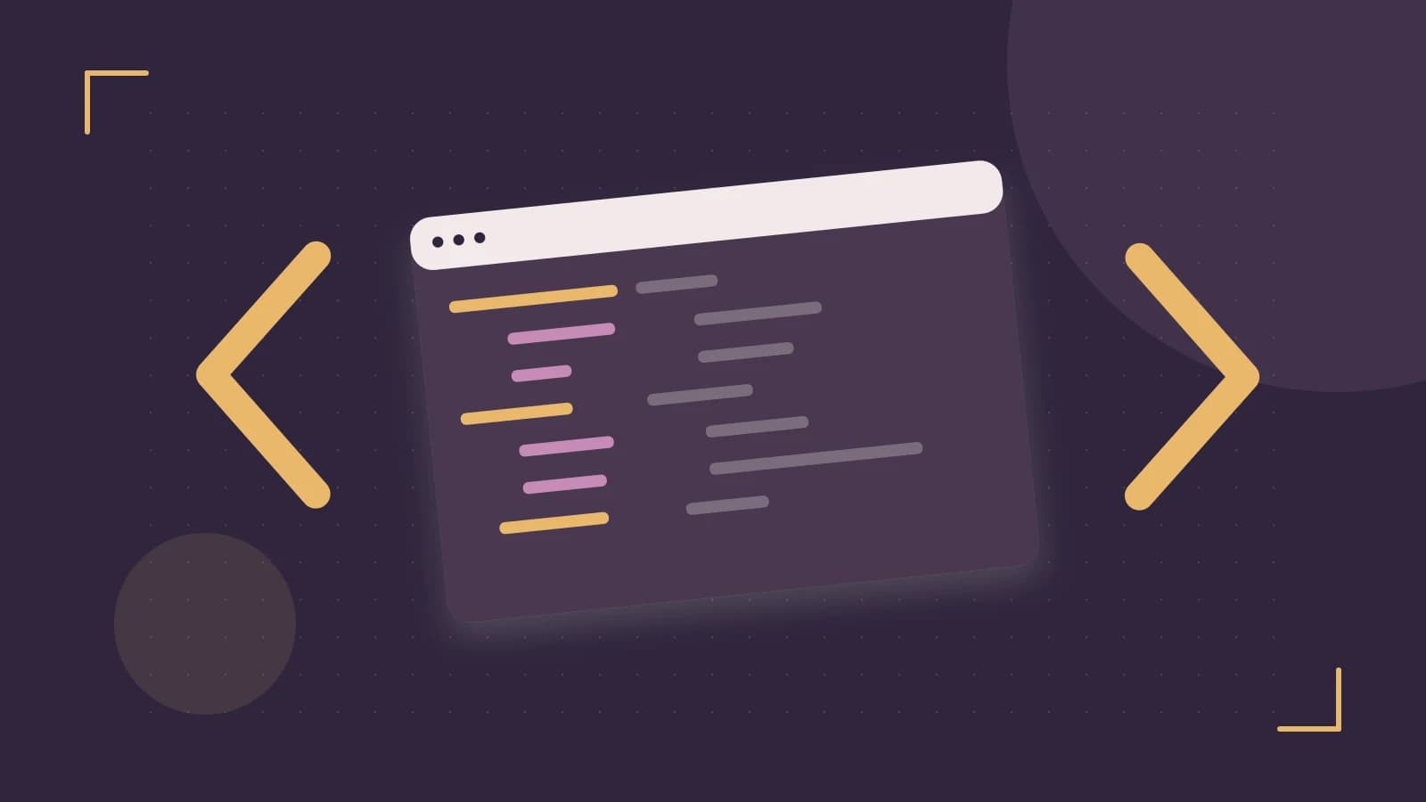 Editorial illustration of an abstract code editor, syntax blocks and oversized programming brackets